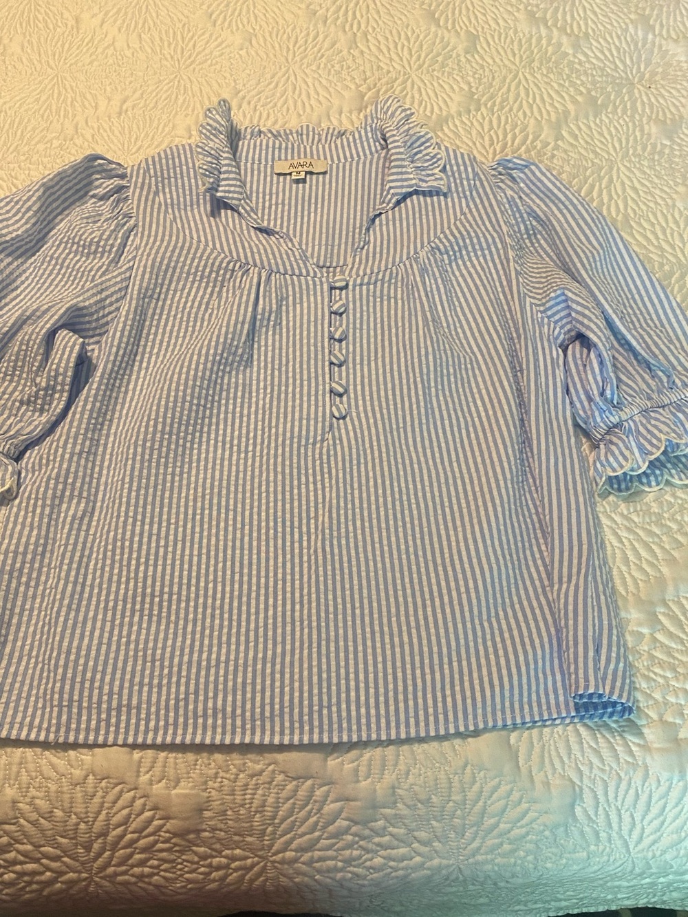 Avara Blue & White Striped Peasant Blouse